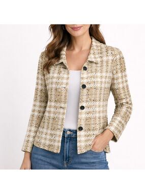 Ming Wang Neutral Plaid Beaded Knit Open Front Cardigan size medium